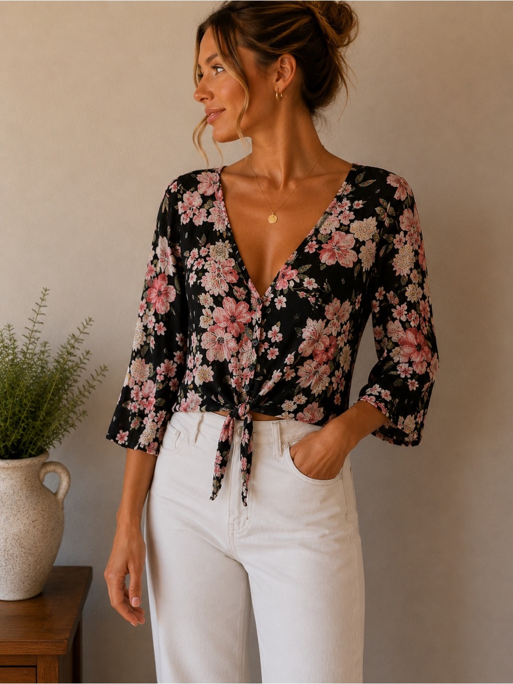 Billabong Black Floral Tie-Front Blouse with Pink & White Flowers